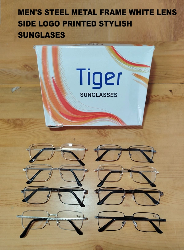 MEN'S STEEL METAL FRAME WHITE LENS SIDE LOGO PRINTED STYLISH SUNGLASES  - FREE SIZE, 12
