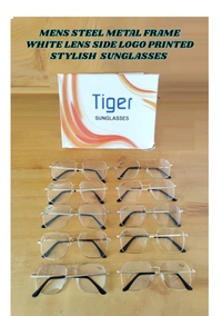 MEN'S STEEL METAL FRAME WHITE LENS SIDE LOGO PRINTED STYLISH SUNGLASES  - FREE SIZE, 12