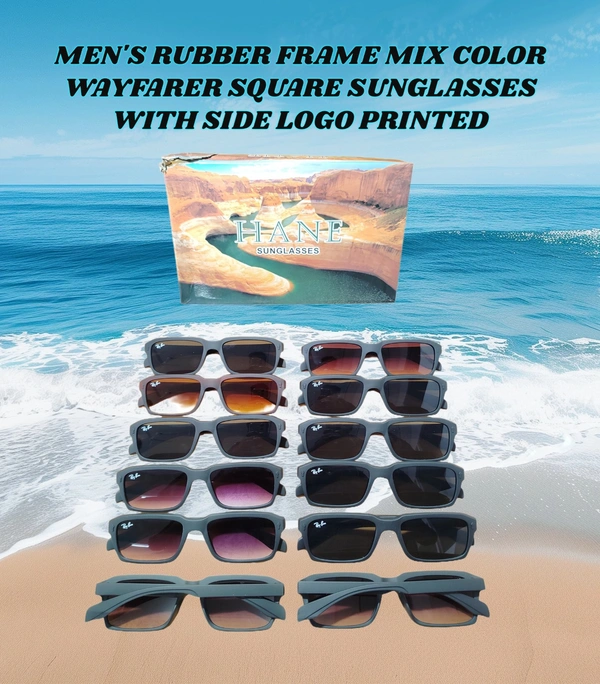 MEN'S RUBBER FRAME MIX COLOR  WAYFARER SQUARE SUNGLASESE WITH SIDE LOGO PRINTED  - FREE SIZE, 12