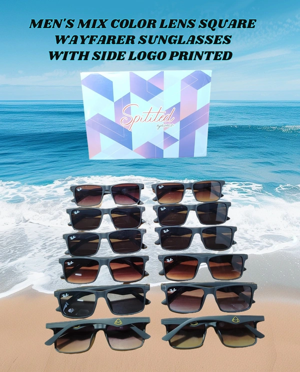 MEN'S MIX COLOR LENS SQUARE WYFARER SUNGLASSES WITH SIDE LOGO PRINTED  - FREE SIZE, 12