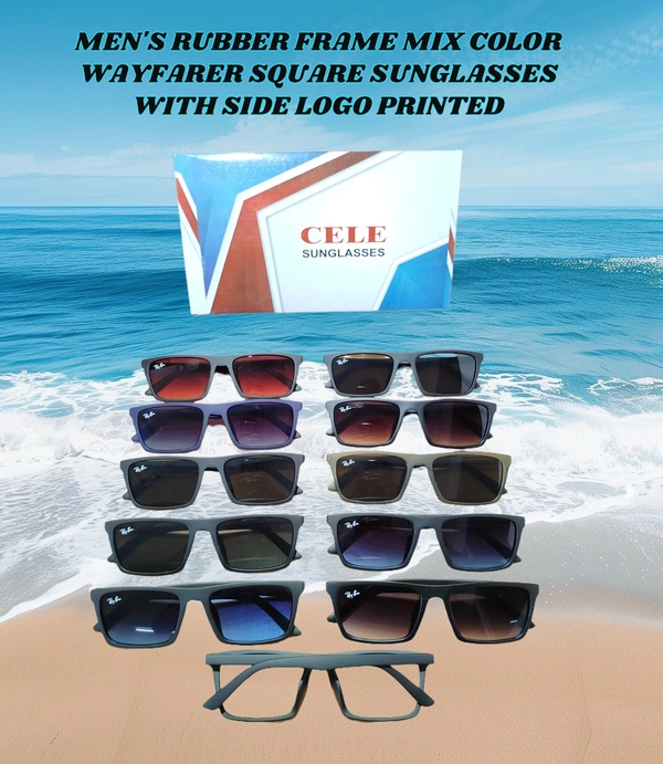 MEN'S RUBBER FRAME MIX COLOR WAYFARER SQUARE SUNGLASES WITH SIDE LOGO PRINTED  - FREE SIZE, 12