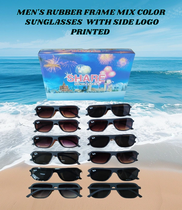 MEN'S RUBBER FRAME MIX COLOR SUNGLASES WITH SIDE LOGO PRINTED  - FREE SIZE, 12
