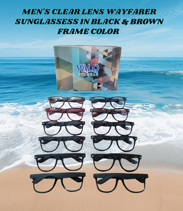 MEN'S CLEAR LENS WAYFARER SUNGLASES IN BLACK AND  BROWN FRAME COLOR - FREE SIZE, 12