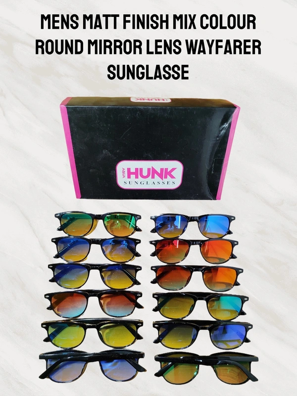 MENS MATT FINISH MIX COLOR ROUND MIRROR LENS WAYFARER SUNGLASSES - FREE, 12
