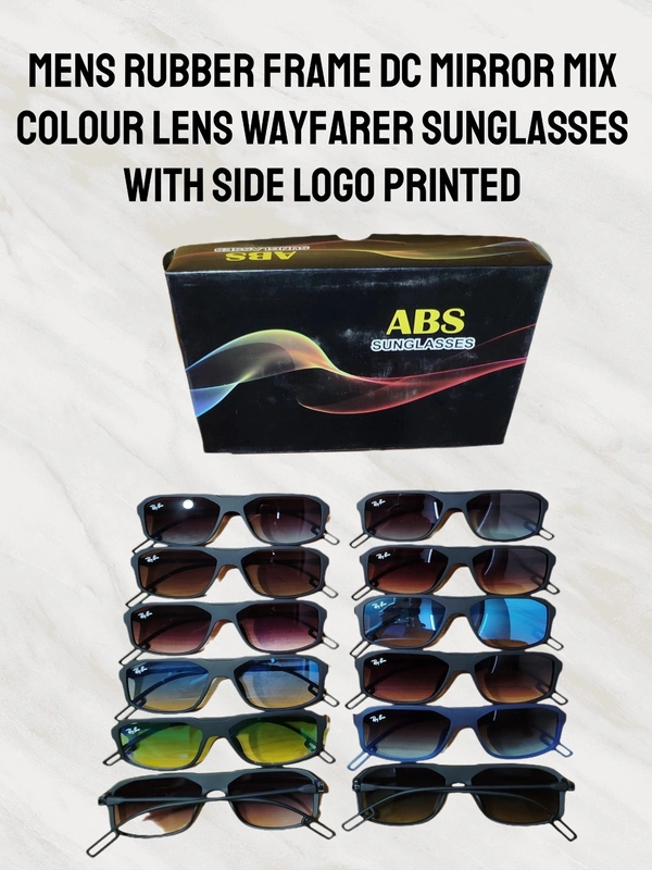 MENS RUBBER FRAME DC MIRROR  MIX COLOR LENS WAYFARER WITH SIDE LOGO PRINTED  - FREE, 12