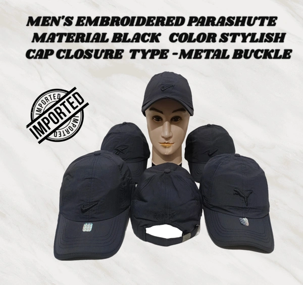 MEN'S EMBROIDERED PARASHUITE MATERIAL BLACK COLOR STYLISH CAP CLOSURE TYPE -METAL BUCKLE - FREE SIZE, 6