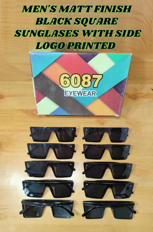 MENS MATT FINISH BLACK SQUARE SUNGLASSES WITH SIDE LOGO PRINTED - FREE, 12