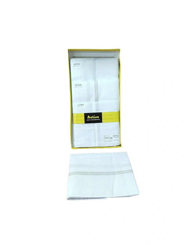 MENS PURE COTTON PREMIUM  QUALITY  WHITE COLOR  WITH STRIP DESIGN  HANKIES, SET OF 12 PICES IN BOX, SIZE-43*43 Cm - 43*43, 12