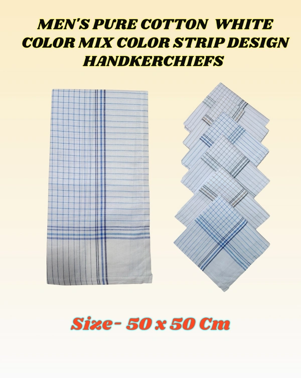 MENS PURE  COTTON  white  COLOR MIX STRIP DESIGN HAND KERCHIEF SIZE-50*50 Cm - 50*50 CM, 12