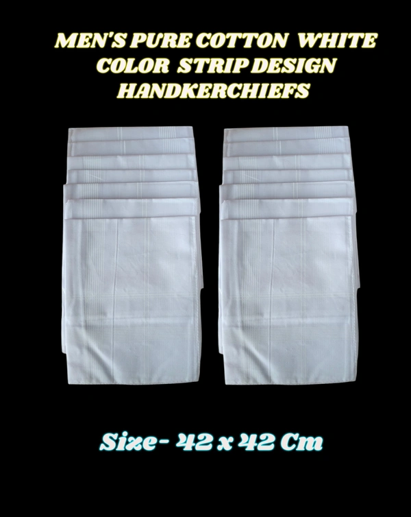 MENS PURE  COTTON  WHITE   COLOR MIX STRIP DESIGN HAND KERCHIEFS  SIZE-42*42 Cm - 45*45, 12