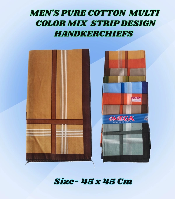 MENS PURE  COTTON  MULTI  COLOR MIX STRIP DESIGN HAND KERCHIEFS  SIZE-45*45 Cm - 45*45, 12