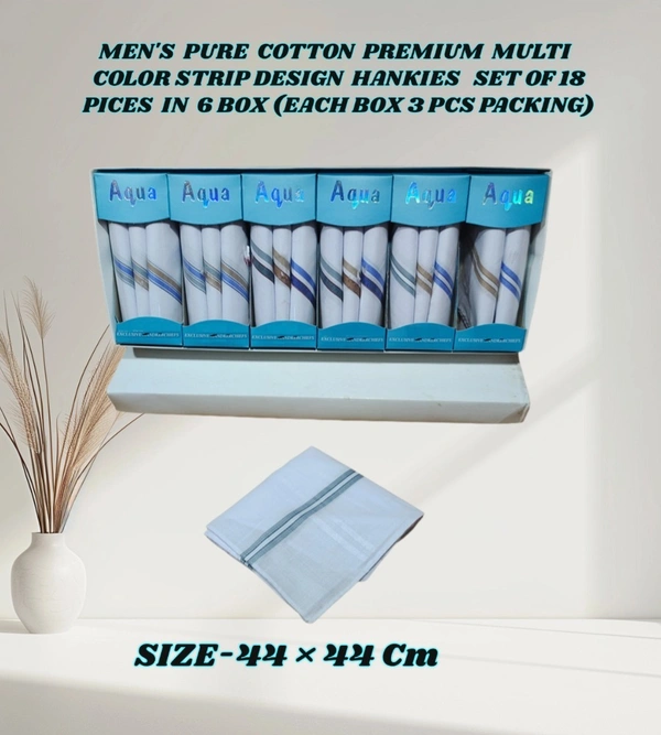 MENS PURE COTTON PREMIUM QUALITY WHITE  COLOR STRIP DESIGN HANKIES SET OF 18 PICES IN 6 BOX (EACH BOX P PICES HANKIES PACKING) - 44*44, 18