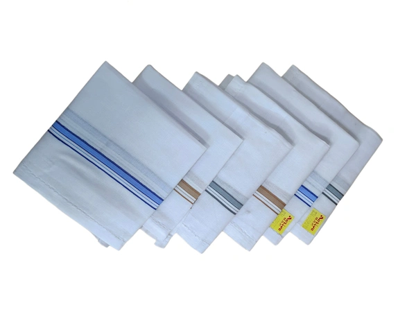 MENS PURE COTTON WHITE COLOR WITH MIX STRIP DESIGN HANDKERCHIEF  - 43*43, 12