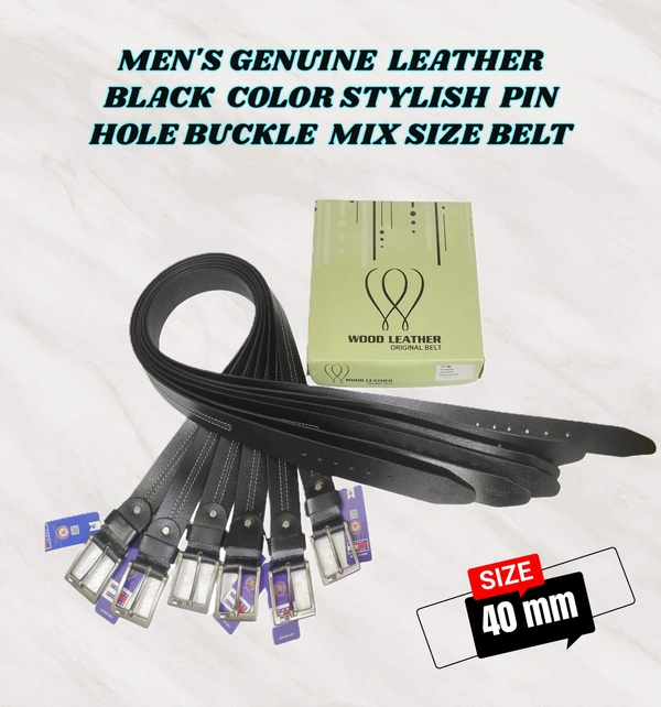 MENS GENUINE LEATHER BLACK COLOR HEAVY PIN WHOLE BUCKLE MIX SIZE BELT - FREE, 6