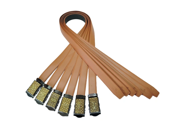 MENS PU LEATHER TAN COLOR GOLDEN DESIGN ARMY BUCKLE BELT - FREE, 6