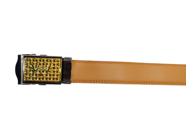 MENS PU LEATHER TAN COLOR GOLDEN DESIGN ARMY BUCKLE BELT - FREE, 6