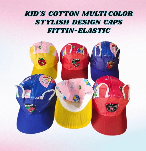 KIDS COTTON MULTI COLOR STYLISH DESIGN CAPS FITTING -ELASTIC - FREE, 6