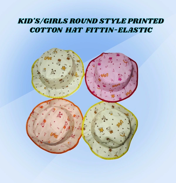 KIDS GIRLS ROUND STYLE PRINTED COTTON HAT FITTING ELASTIC - FREE, 12