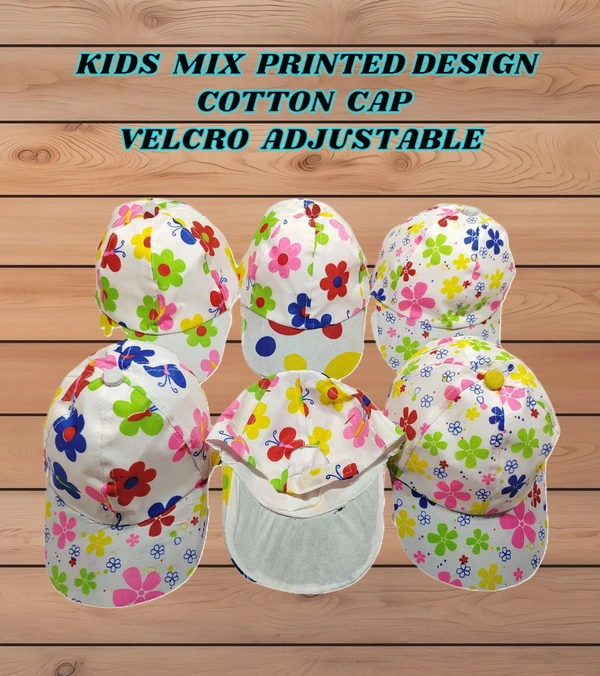 KIDS  MIX PRINTED DESIGN COTTON CAPS FITTING- ELASTIC - PREE, 6