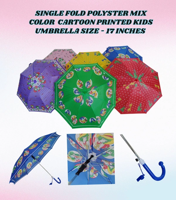 SINGLE FOLD POLYSTER MIX COLOR CARTOON PRINTED KIDS UMBRELLA SIZE- 17 Inches  - FREE, 6