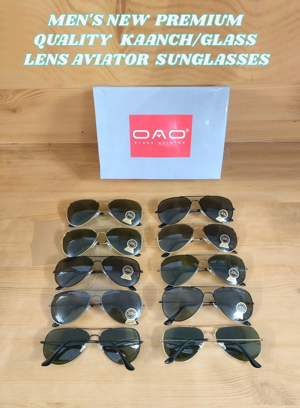 MENS NEW PREMIUM QUALITY KAANCH GLASS LENS AVIATOR SUNGLASSES - FREE, 12