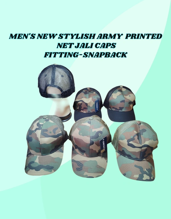 MENS NEW STYLISH ARMY PRINTED NET JALI CAPS FITTING - SNAPBACK  - FREE, 12