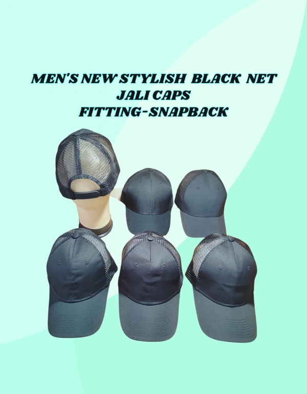 MENS NEW STYLISH BLACK COLOR  NET JALI CAPS FITTING - SNAPBACK  - FREE, 12