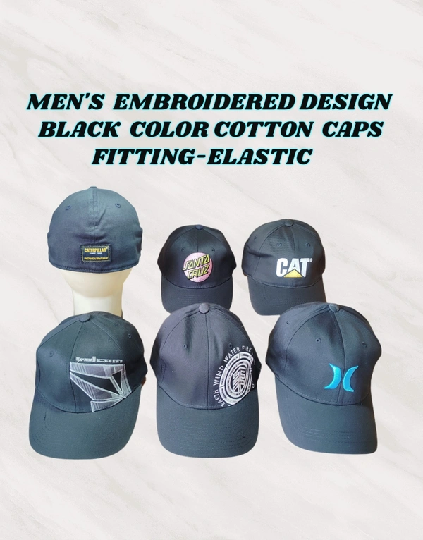 MEN'S EMBROIDERED DESIGN BLACK COLOR COTTON CAPS FITTING- ELASTIC  - FREE, 12