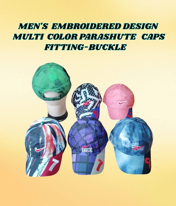 MENS EMBROIDERED DESIGN MULTI COLOR PARASHUTE MATERIAL CAPS FITTING BUCKLE  - FREE, 12