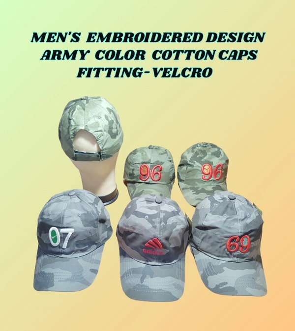 MENS EMBROIDERED DESIGN ARMY PRINTED  COLOR  COTTON  MATERIAL CAPS FITTING - VELCRO   - FREE, 12