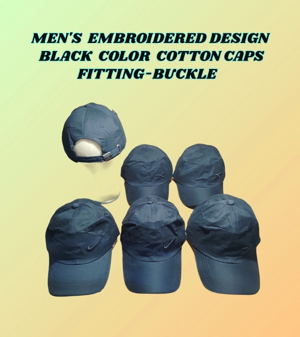 MENS EMBROIDERED DESIGN BLACK  COLOR  COTTON  MATERIAL CAPS FITTING - BUCKLE   - FREE, 12