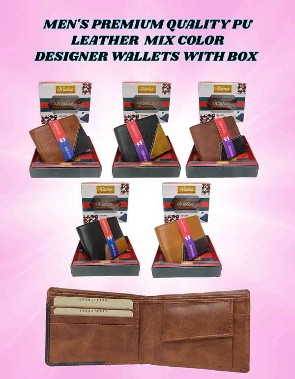 MENS PREMIUM QUALITY  PU LEATHER MIX COLOR DESIGNER WALLETS WITH BOX - FREE, 6