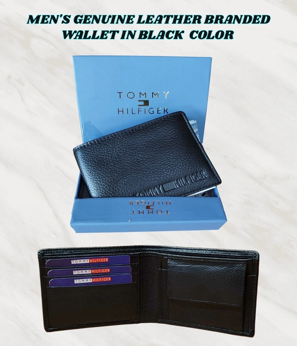 MENS GENUINE LEATHER BRANDED WALLET IN BLACK COLOR  - FREE, 6
