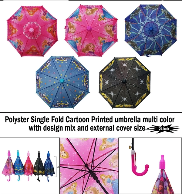 Polyster Single Fold Cartoon Printed  cup Umbrella Multi Color with Design Mix and External Cover Sze - 21 inch - FREE, 6