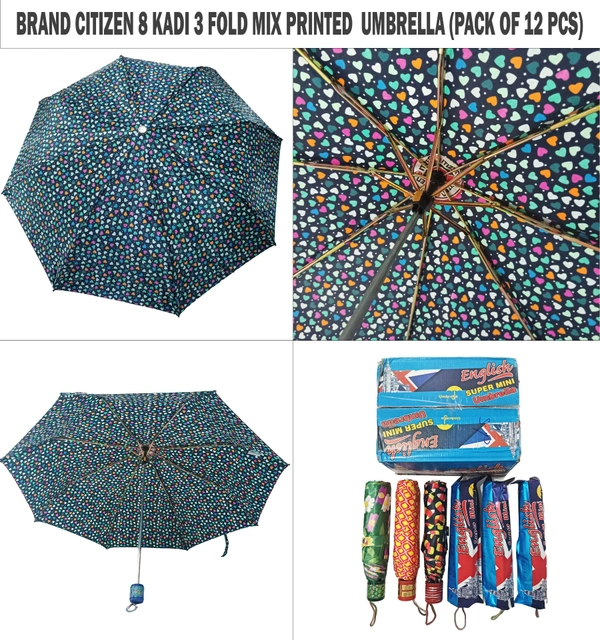 BRAND CITIZEN 8 KADI 3 FOLD MIX PRINTED  UMBRELLA (PACK OF 12 PIECES) - FREE, 12