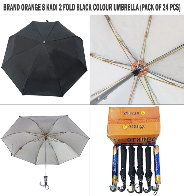 BRAND ORANGE MANUAL OPEN 8 KADI 2 FOLD BLACK COLOUR UMBRELLA (PACK OF 24 PIECES) - FREE, 24