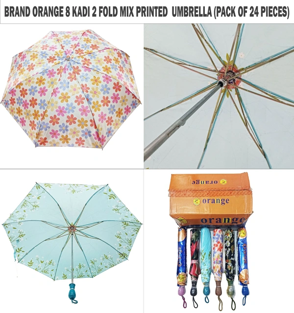 BRAND ORANGE MANUAL OPEN 8 KADI 2 FOLD MIX PRINTED  UMBRELLA (PACK OF 24 PIECES) - FREE, 24