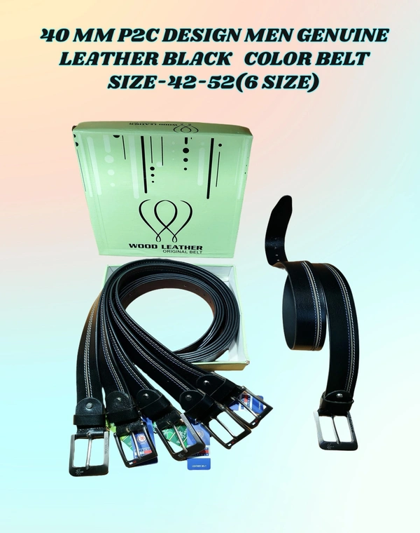 40MM P2C DESIGN MEN GENUINE LEATHER BLACK COLOR BELT SIZE -42-52-(6 SIZE) - FREE SIZE, 6