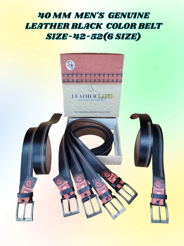 40 MM MEN'S GENUINE LEATHER BLACK COLOR BELT SIZE-42-52(6 SIZE) - FREE SIZE, 6