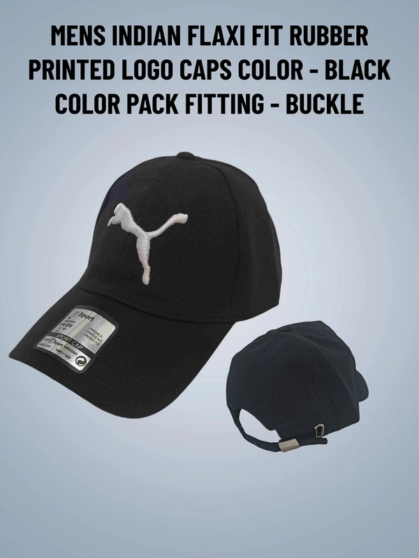 MENS INDIAN FLAXI FIT RUBBER PRINTED LOGO CAPS COLOR - BLACK COLOR PACK FITTING - BUCKLE - FREE, 12