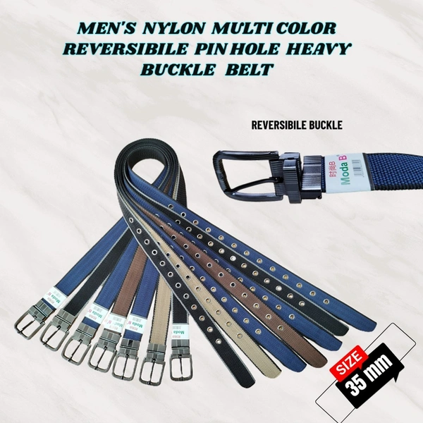MENS NYLON MULTI COLOR REVERSIBILE PIN HOLE HEAVY BUCKLE BELT  - FREE, 12
