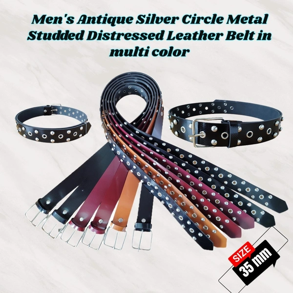 MEN'S  ANTIQUE SILVER CIRCLE METAL STUDDED DISTRESSED LEATHER BELT IN MULTI COLOR  - FREE, 6