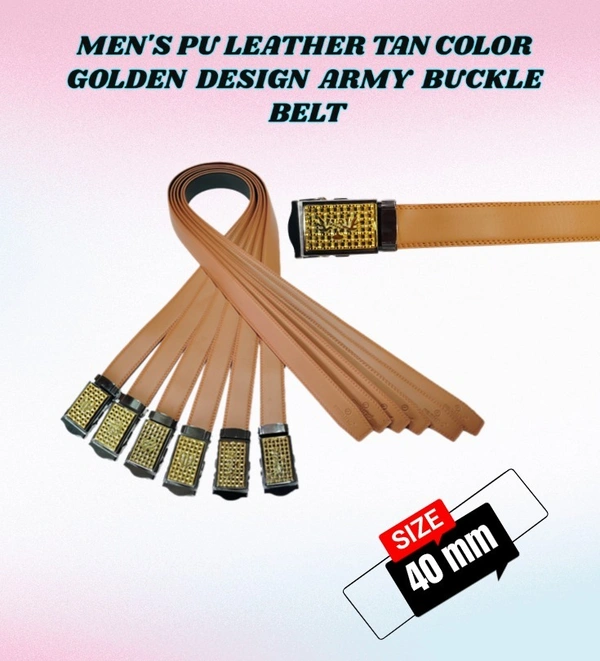 MENS PU LEATHER TAN COLOR GOLDEN DESIGN ARMY BUCKLE BELT - FREE, 6