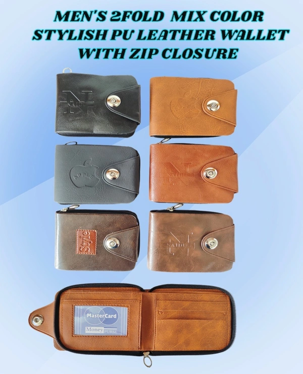 MENS 2 FOLD MIX COLOR STYLISH PU LEATHER WALLET WITH ZIP CLOSURE - FREE, 6