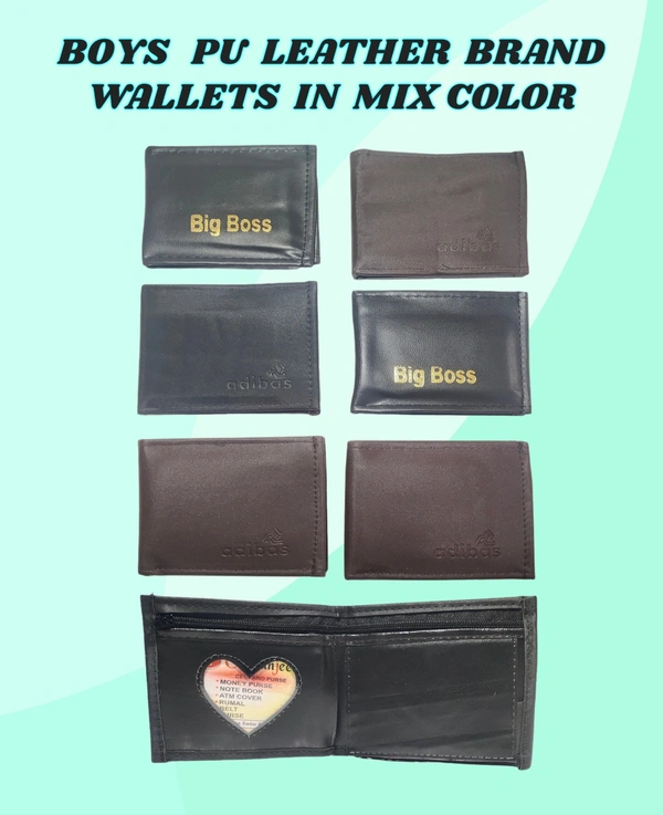 BOYS PU LEATHER BRAND WALLETS IN MIX COLOR  - FREE, 6
