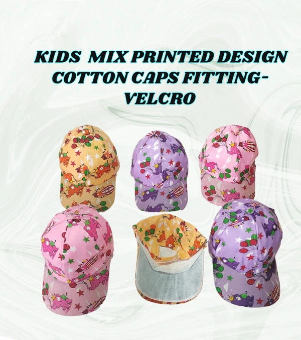 KIDS MIX PRINTED DESIGN COTTON CAPS  FITTING -VELCRO  - SMALL, 6