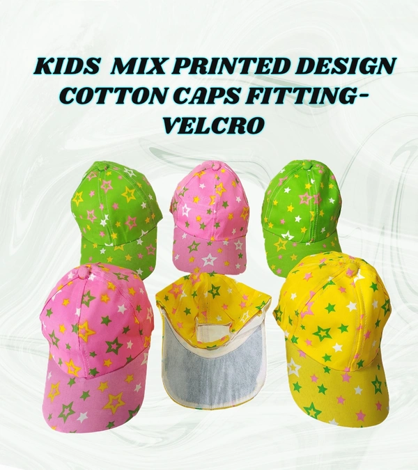 KIDS MIX PRINTED DESIGN COTTON CAPS  FITTING -VELCRO  - SMALL, 6