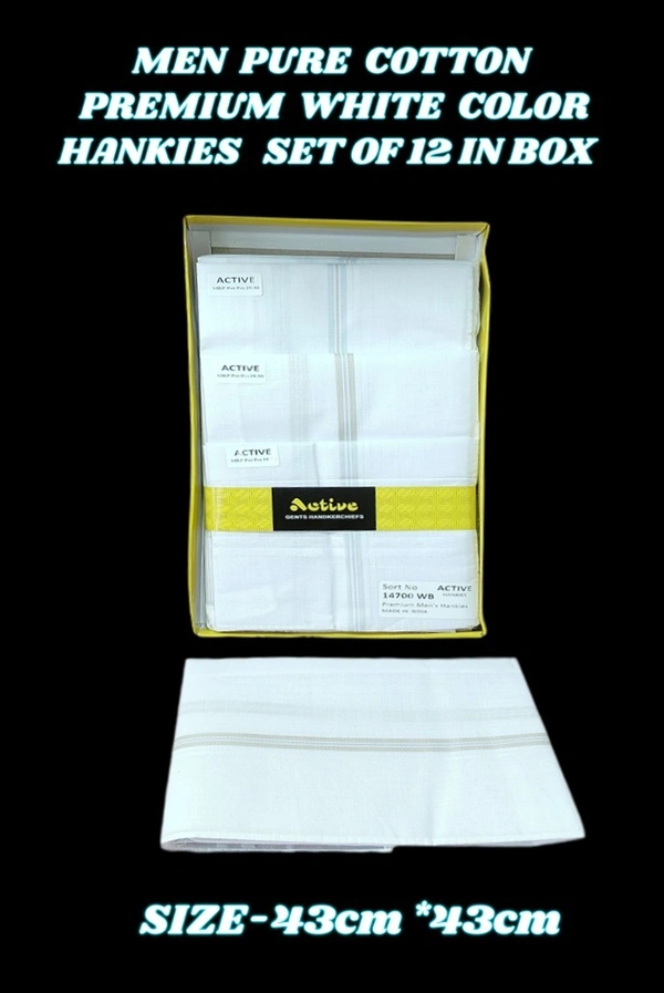 MENS PURE COTTON PREMIUM  QUALITY  WHITE COLOR  WITH STRIP DESIGN  HANKIES, SET OF 12 PICES IN BOX, SIZE-43*43 Cm - 43*43, 12