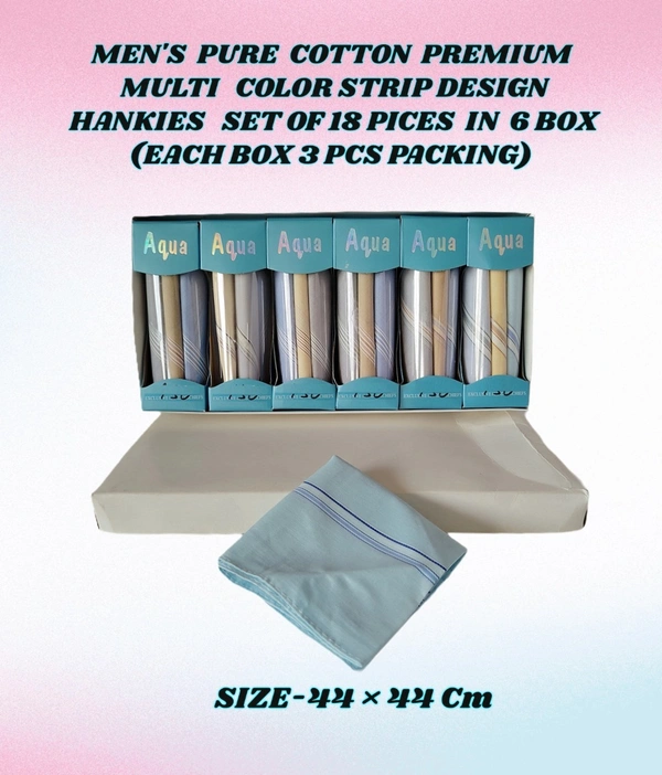 MENS PURE COTTON PREMIUM QUALITY MULTI   COLOR STRIP DESIGN HANKIES SET OF 18 PICES IN 6 BOX (EACH BOX P PICES HANKIES PACKING) - 44*44, 18
