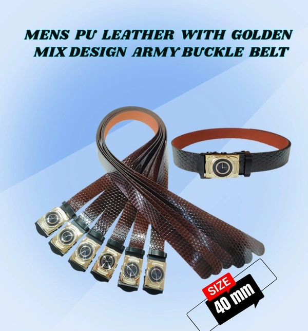 MENS PU LEATHER  WITH GOLDEN MIX DESIGN ARMY BUCKLE BELT  - FREE, 6